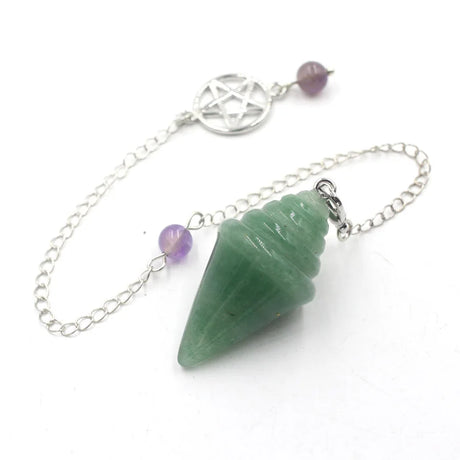 Green crystal pendant on a silver chain with purple beads against a white background