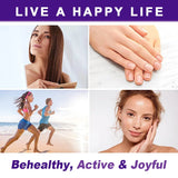 Collage of a woman with long hair, hands with manicured nails, two people running on a beach, and a close-up of a woman's face with text 'Live a Happy Life' and 'Behealthy, Active & Joyful'.