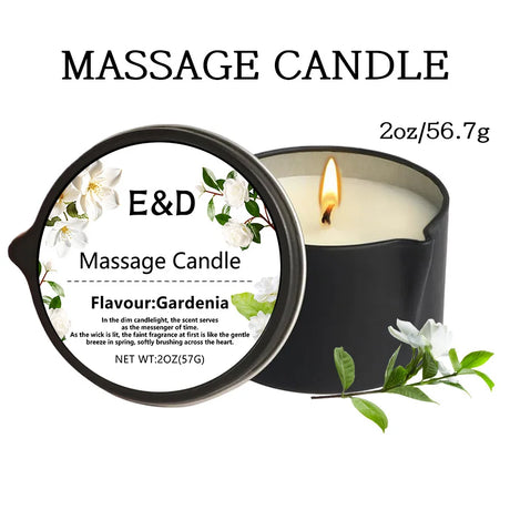 Massage candle with 'E&D' branding and gardenia flavor on a white background