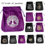 Collection of 12 drawstring pouches with various designs on a white background
