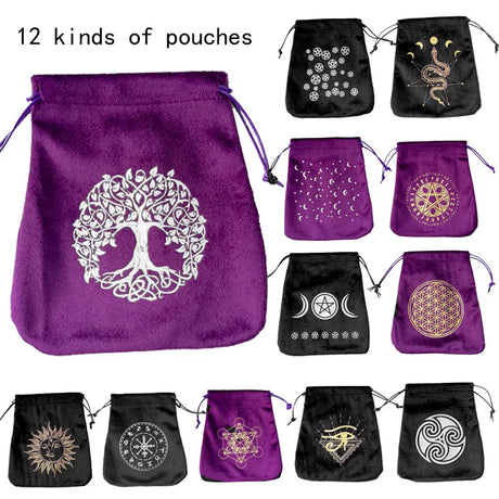 Collection of 12 drawstring pouches with various designs on a white background