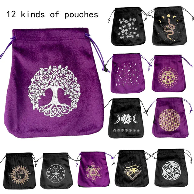 Collection of 12 drawstring pouches with various designs on a white background