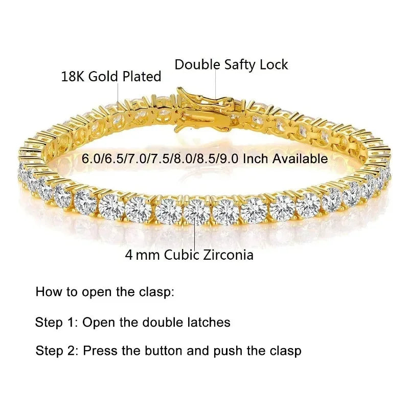 Gold bracelet with cubic zirconia stones and product details on a white background