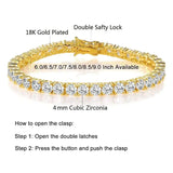 Gold bracelet with cubic zirconia stones and product details on a white background