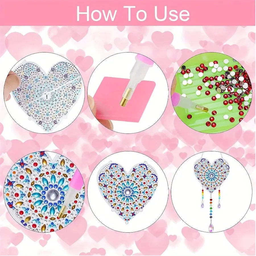 Step-by-step guide on how to use a decorative craft kit with heart shapes and beads on a pink background.