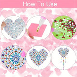 Step-by-step guide on how to use a decorative craft kit with heart shapes and beads on a pink background.