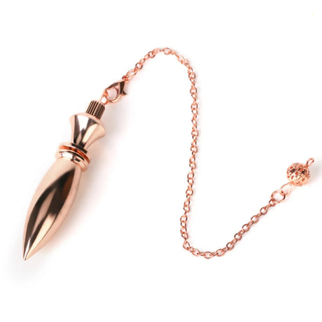 Rose gold spike-shaped pendant with chain on a white background