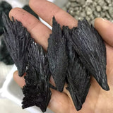 Black, tree-like crystal formation held in a hand against a blurred natural background