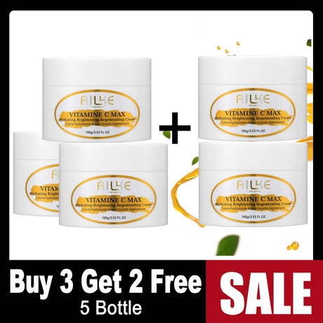 Four jars of Rilke Vitamine C Max cream with a 'Buy 3 Get 2 Free' sale label.