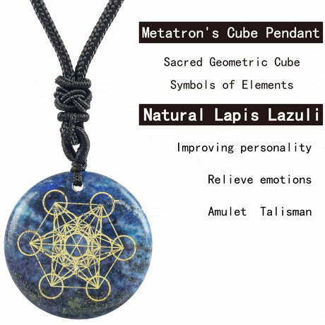 Metatron's Cube pendant on a black cord with text about its properties.