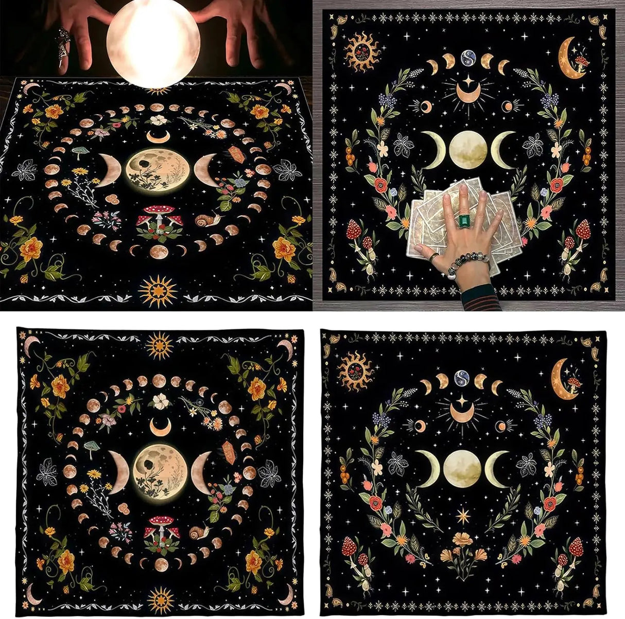 Set of four tarot cards with celestial designs and a hand holding cards.