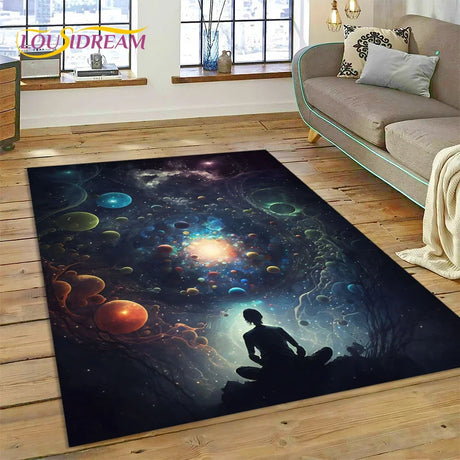 Decorative rug with space-themed design in a living room setting