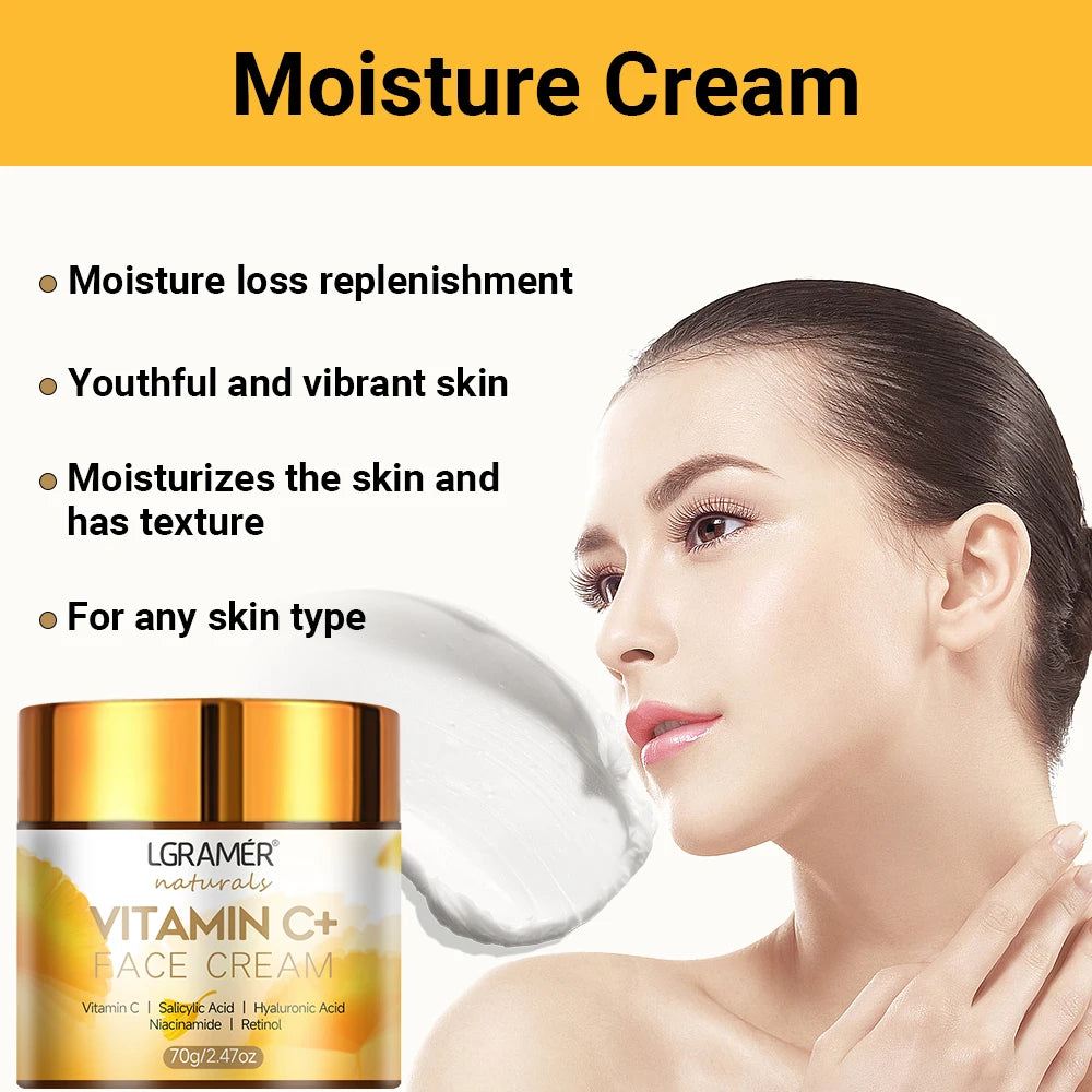 LGamer Vitamin C+ Face Cream with a woman applying cream and text highlighting benefits.