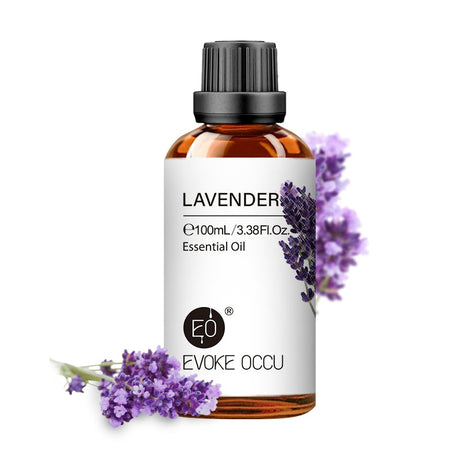 Evoke Occu lavender essential oil bottle with lavender flowers on a white background