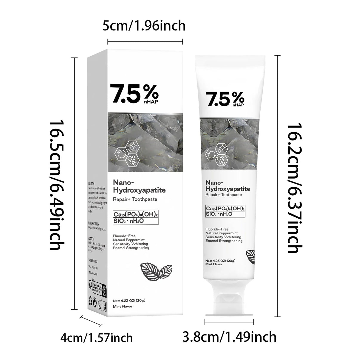 Measurement chart comparing a box and a tube of Nano-Hydroxyapatite Toothpaste on a white background.