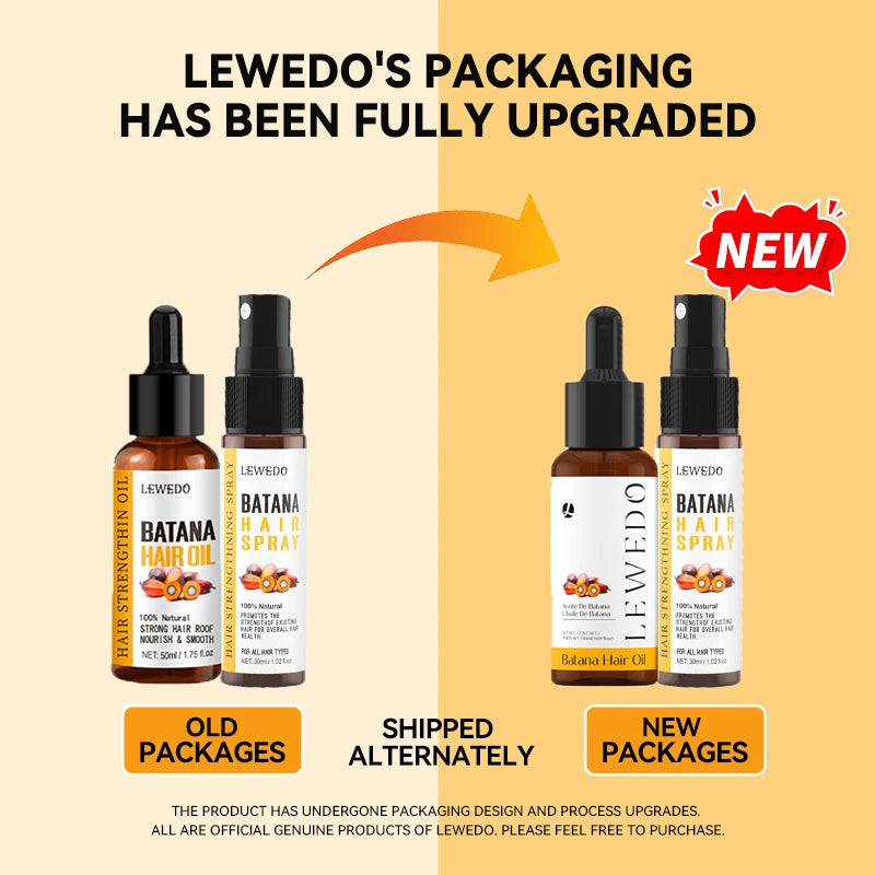 Comparison of old and new Lewedo hair care product packages on a beige background.