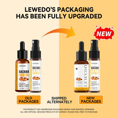 Comparison of old and new Lewedo hair care product packages on a beige background.