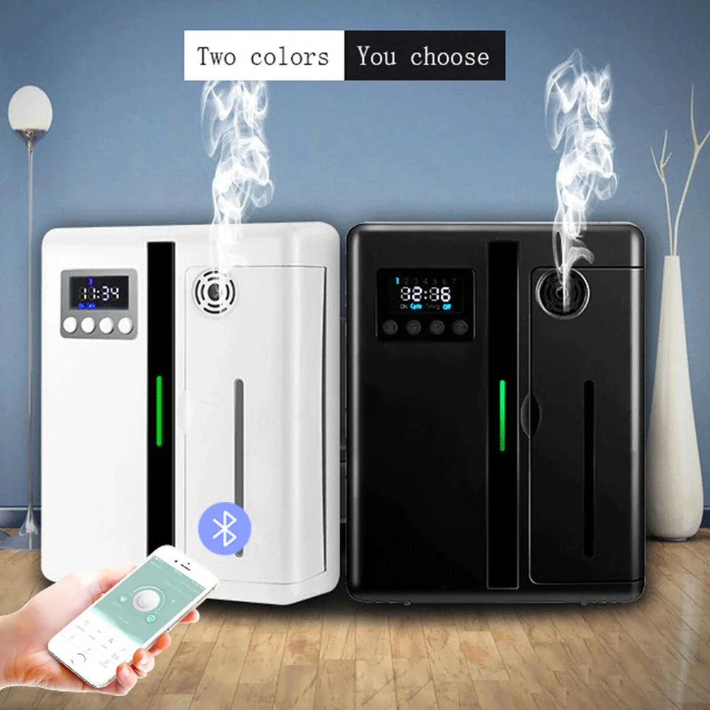 Two air purifiers, one white and one black, with digital displays and a hand holding a smartphone.