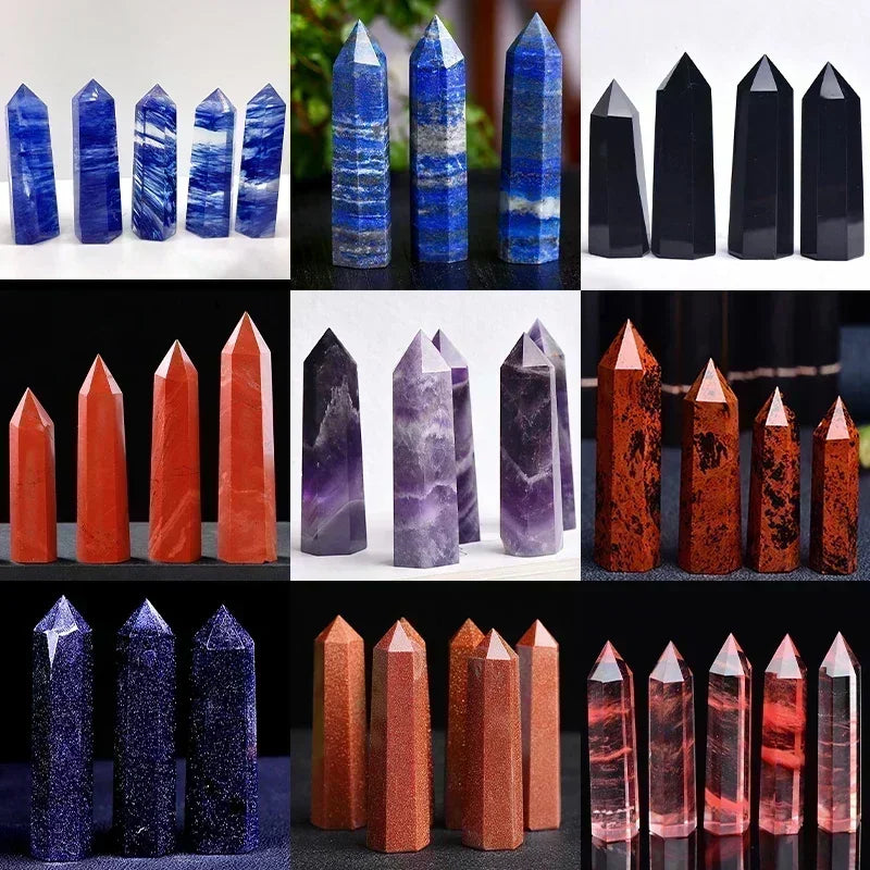 Collage of various crystal points in different colors and designs.
