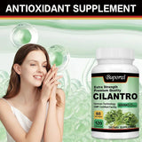 Buporai Cilantro supplement bottle with a woman holding her face, on a green background