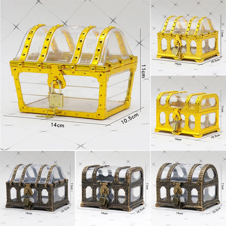 Yellow metal treasure chest with clear top, lock, and dimensions on a tiled background