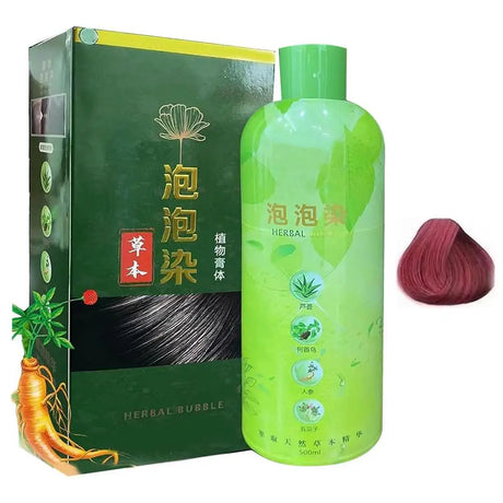 Green bottle of herbal hair color product with packaging and a sample of dyed hair.
