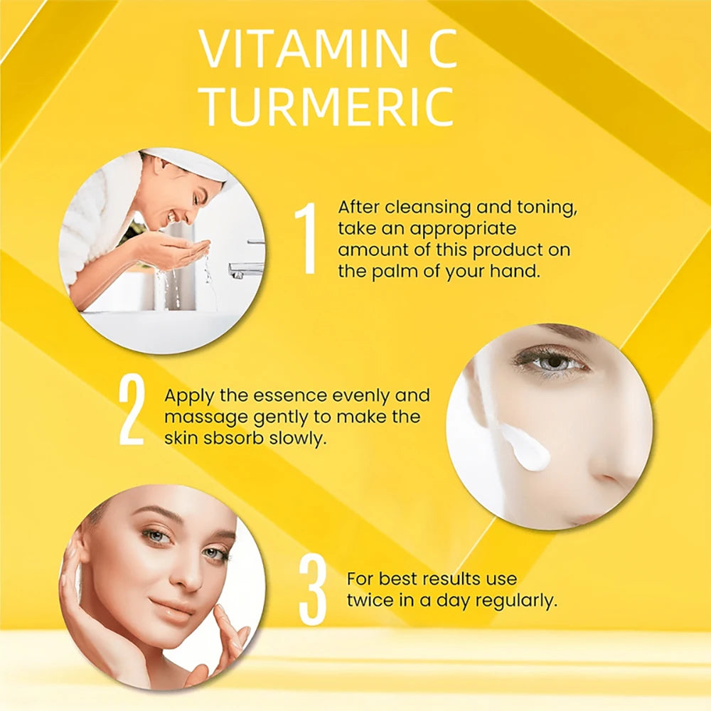 Instructions for using a vitamin C turmeric skincare product on a yellow background