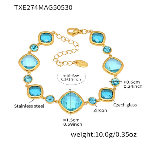 Gold bracelet with blue gemstones and measurements on a white background