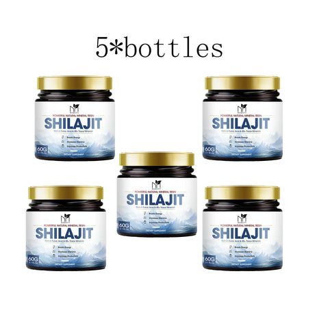 Five bottles of Shilajit on a white background