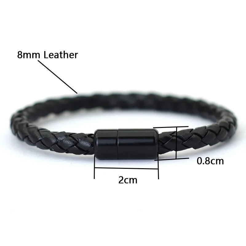 Black braided leather bracelet with measurements on a white background