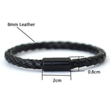 Black braided leather bracelet with measurements on a white background
