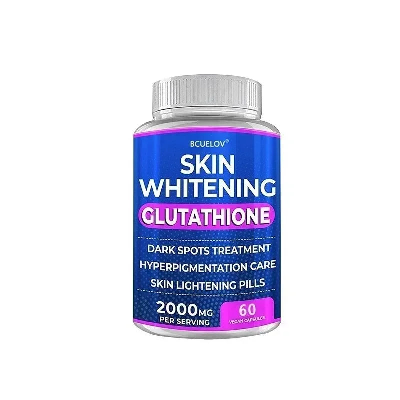 Bottle of skin whitening glutathione pills on a white background