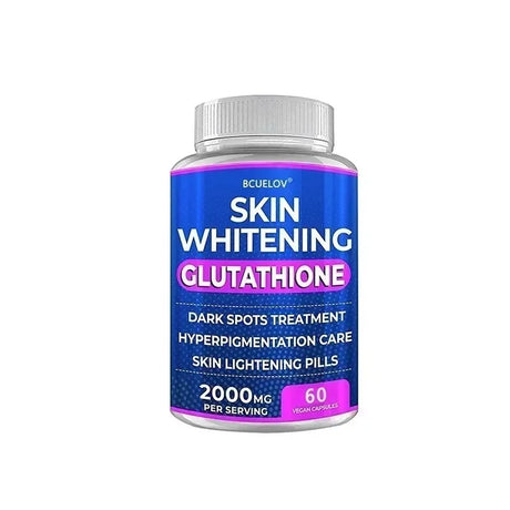 Bottle of skin whitening glutathione pills on a white background