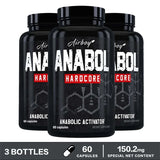 Three bottles of Airboy Anabol Hardcore and Anabolic Activator dietary supplements on a white background.
