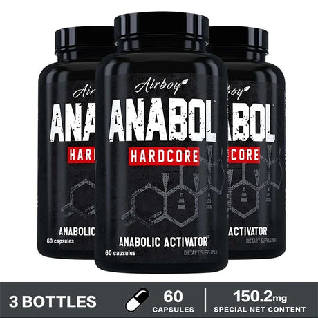 Three bottles of Airboy Anabol Hardcore and Anabolic Activator dietary supplements on a white background.