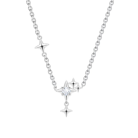 Silver necklace with star-shaped pendants on a white background