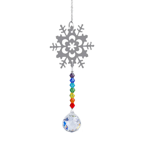 Decorative hanging ornament with a snowflake design and colorful beads on a white background