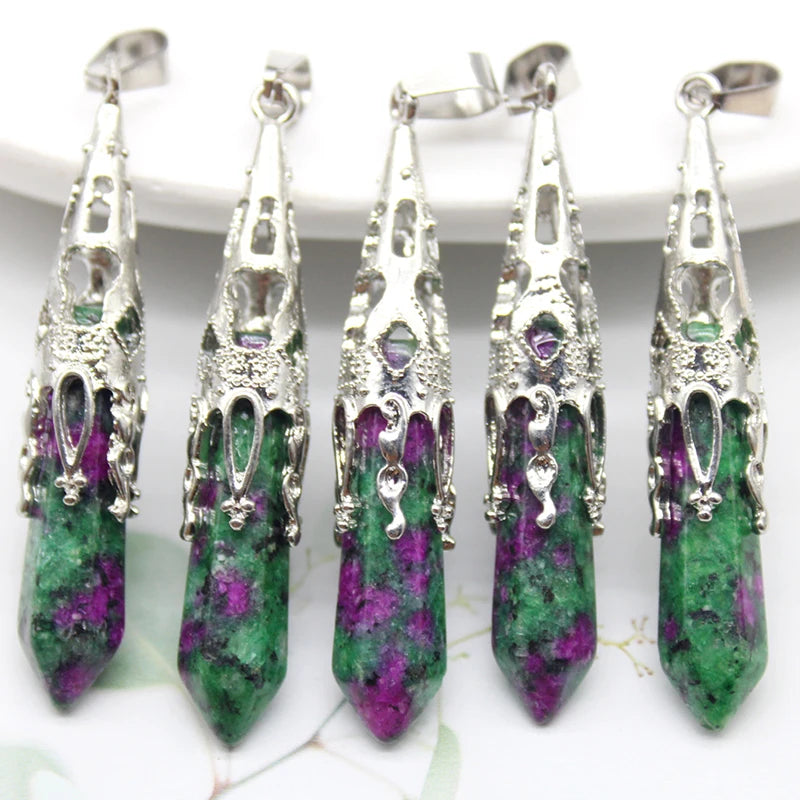 Five green and purple stone pendants with silver clasps on a white background