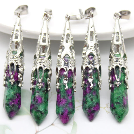 Five green and purple stone pendants with silver clasps on a white background