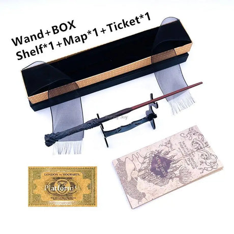 Harry Potter-themed wand, box, shelf, map, and ticket on a white background