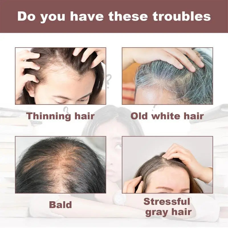 Illustrations of people with thinning hair, old white hair, baldness, and stressful gray hair with text asking if these are troubles.