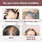 Illustrations of people with thinning hair, old white hair, baldness, and stressful gray hair with text asking if these are troubles.