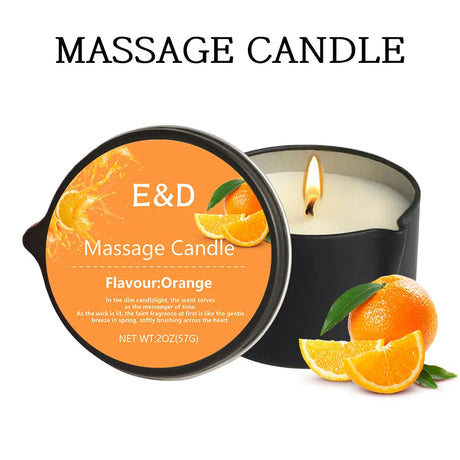 Massage candle with orange flavor packaging and a lit candle on a white background