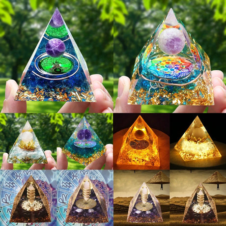Collage of pyramid-shaped crystal objects with various colors and designs.