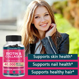 Bottle of Biotin & Collagen supplement with a woman in the background