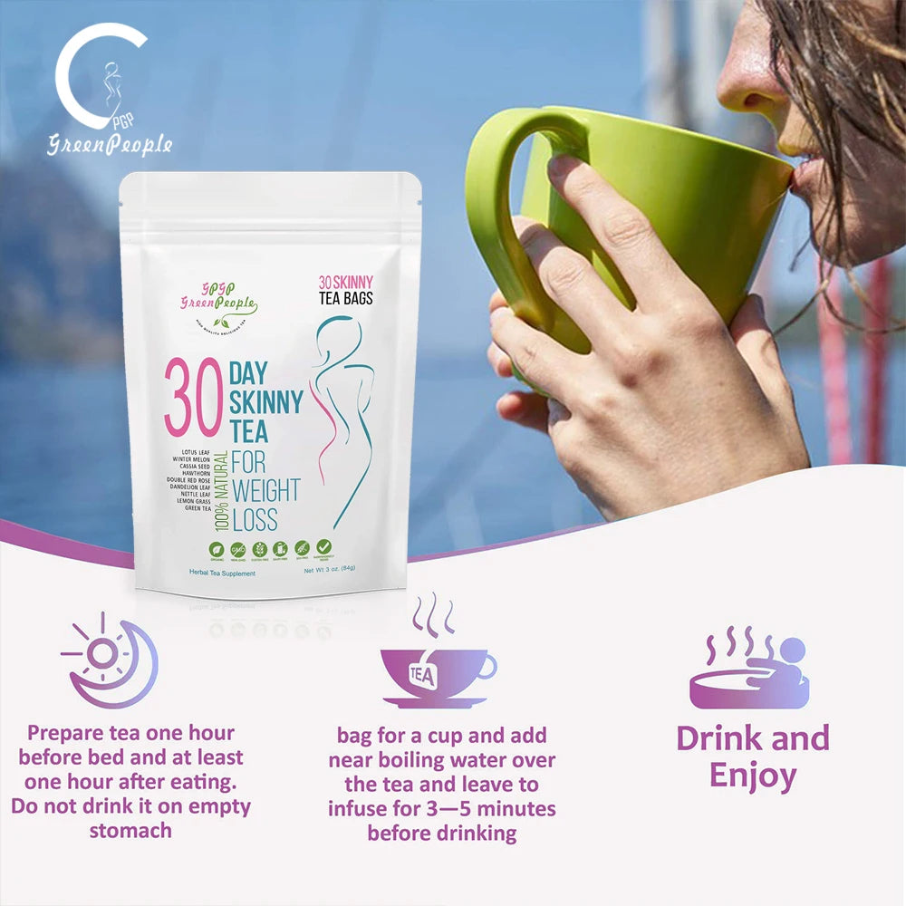 30 Day Skinny Tea package with a person holding a green mug against a blue sky.