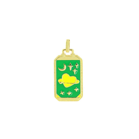 Gold pendant with green and yellow design on a white background