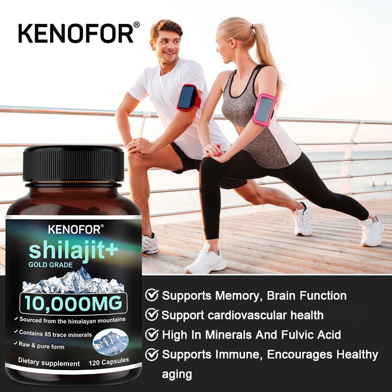 Supplement bottle labeled 'Kenofor Shilajit+' with a man and woman exercising in the background.