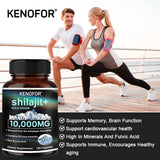Supplement bottle labeled 'Kenofor Shilajit+' with a man and woman exercising in the background.