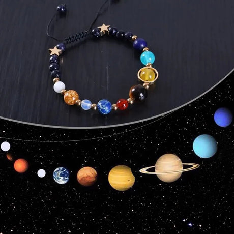 Bracelet with colored beads resembling planets on a black background with planet illustrations.